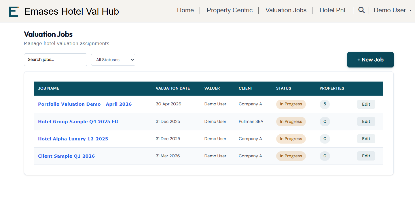 Valuation engagements list — Job Atlas 2026 and other anonymized engagements with status and owner columns.