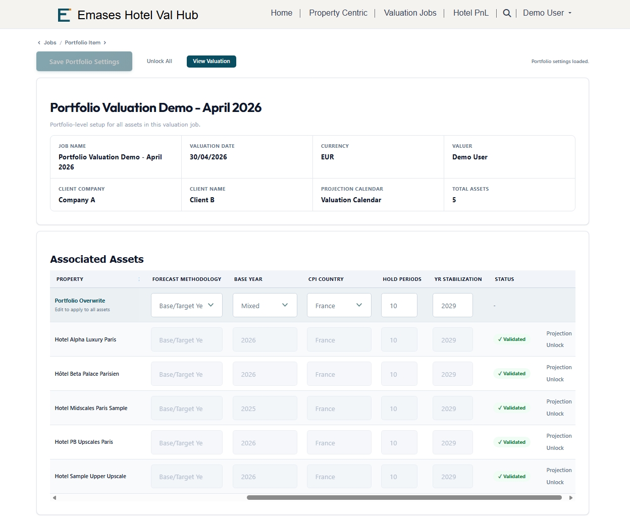 Properties associated to a valuation engagement — anonymized hotels grid within Job Atlas 2026.