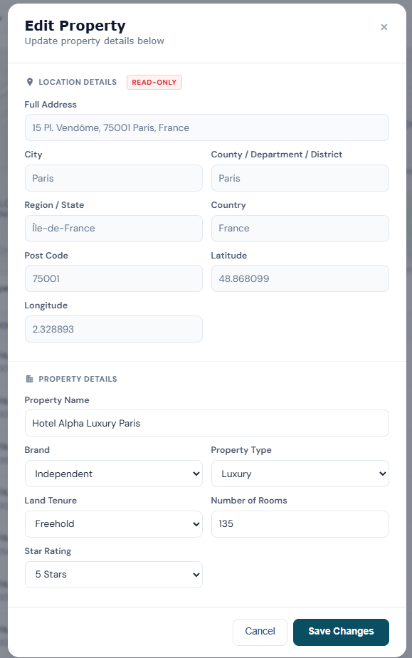 Updating the controlled property record instead of creating a duplicate — anonymized property edit view.